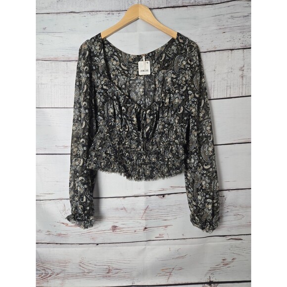 Free People Womens Top Large Black Floral Pouf Sleeve Square Neck Boho NWT - Picture 1 of 8